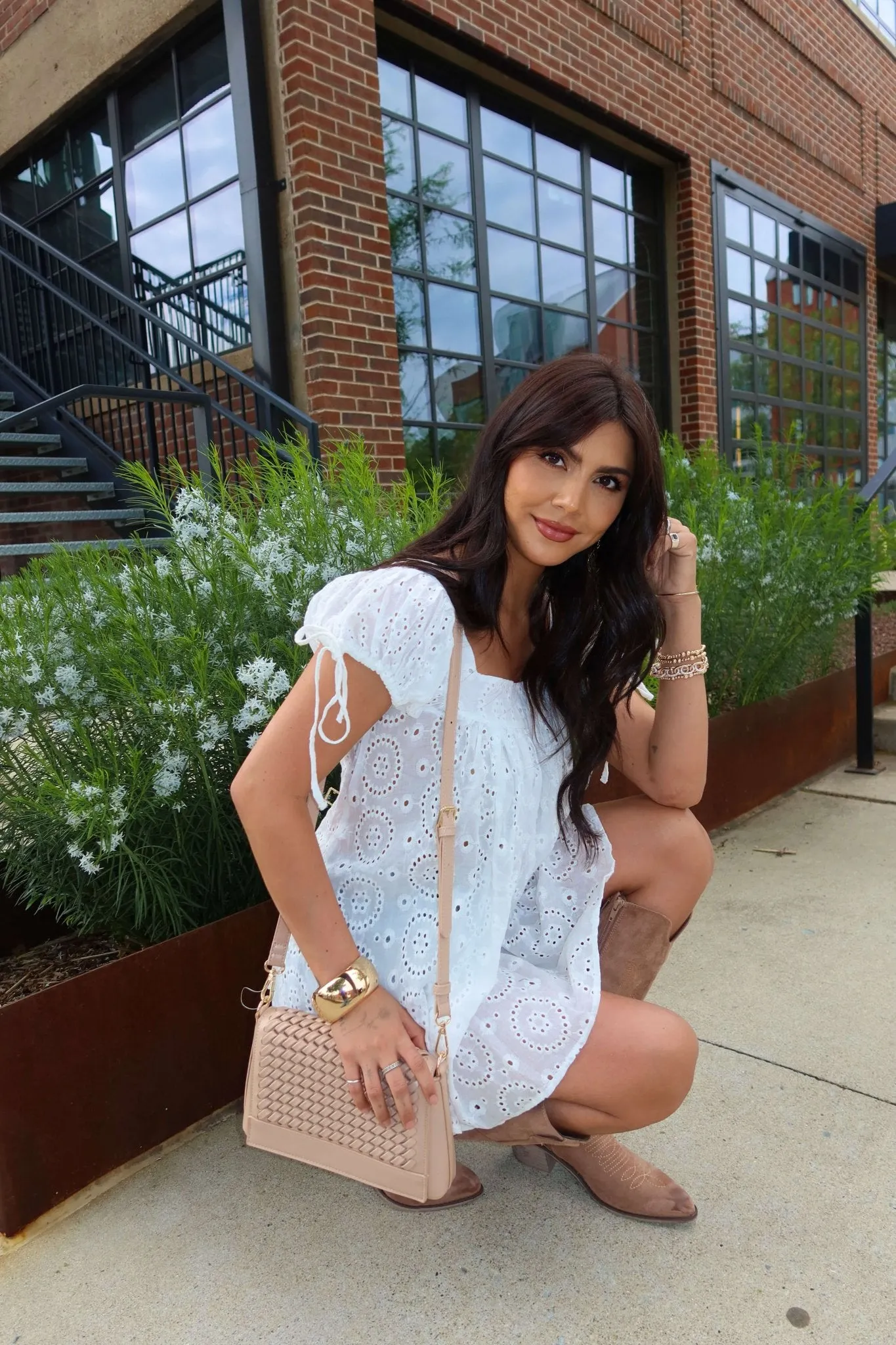 Isla White Puff Sleeve Eyelet Tunic Blouse