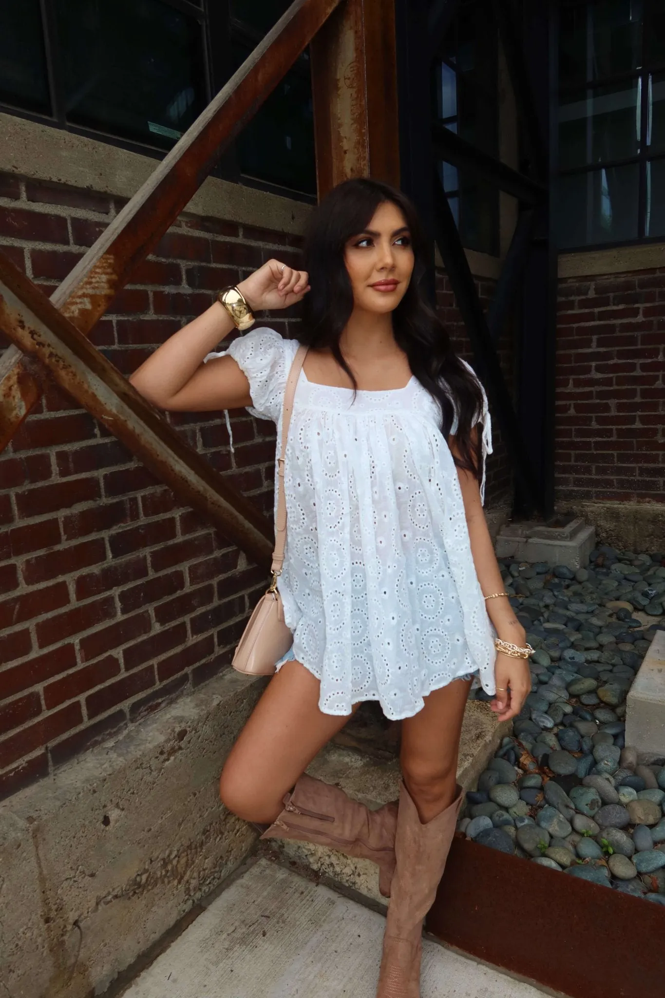 Isla White Puff Sleeve Eyelet Tunic Blouse