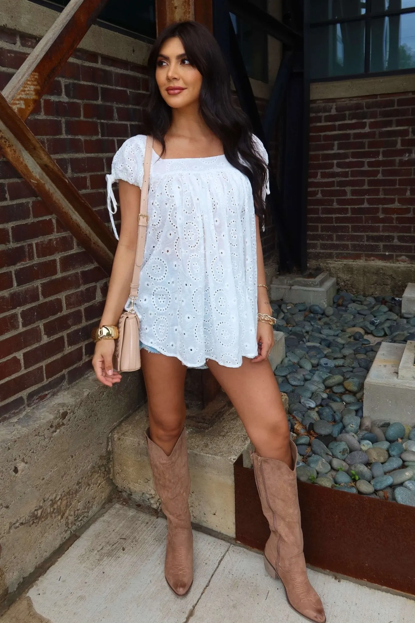Isla White Puff Sleeve Eyelet Tunic Blouse