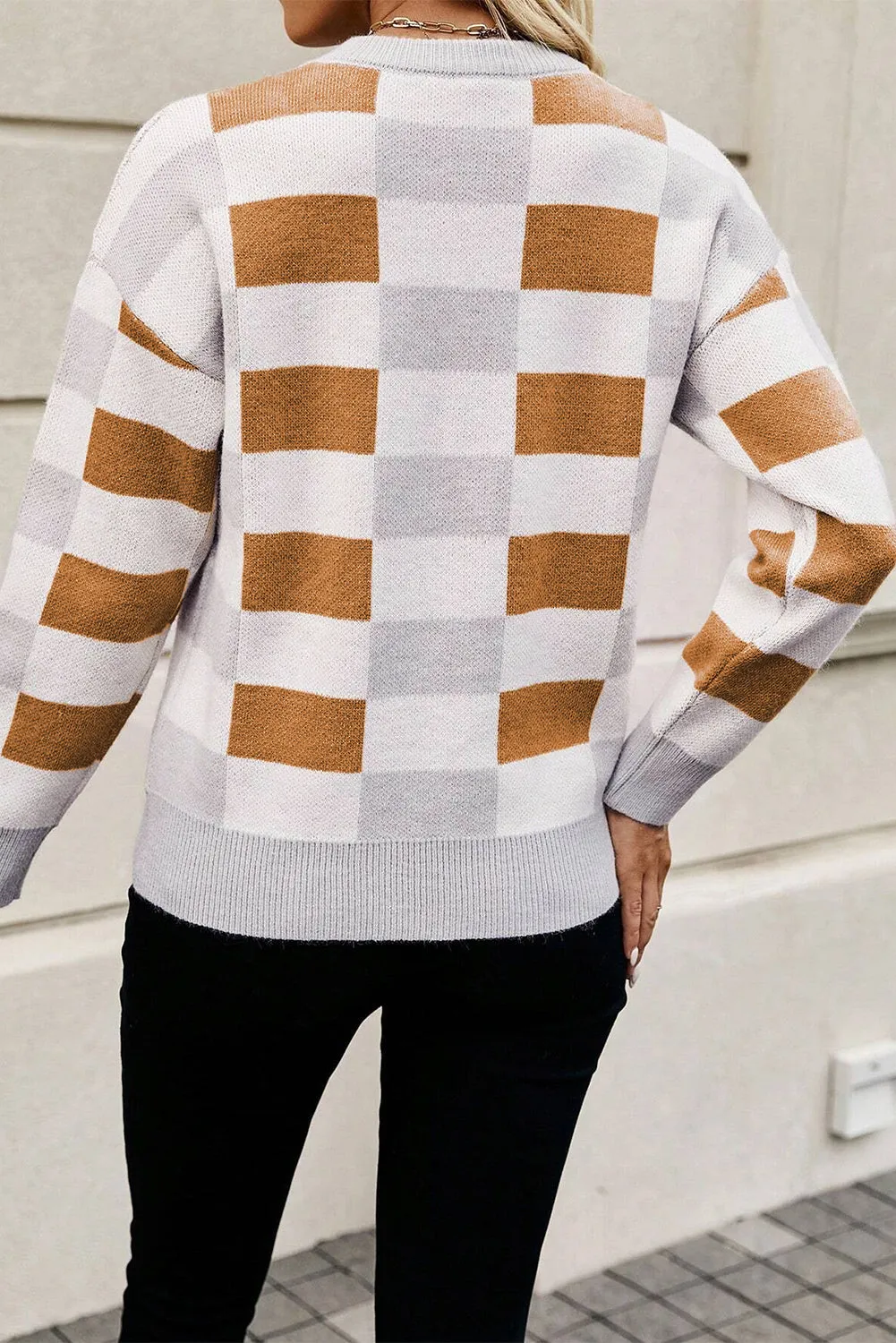KaleaBoutique Checkered Ribbed Edge O Neck Drop Shoulder Sweater