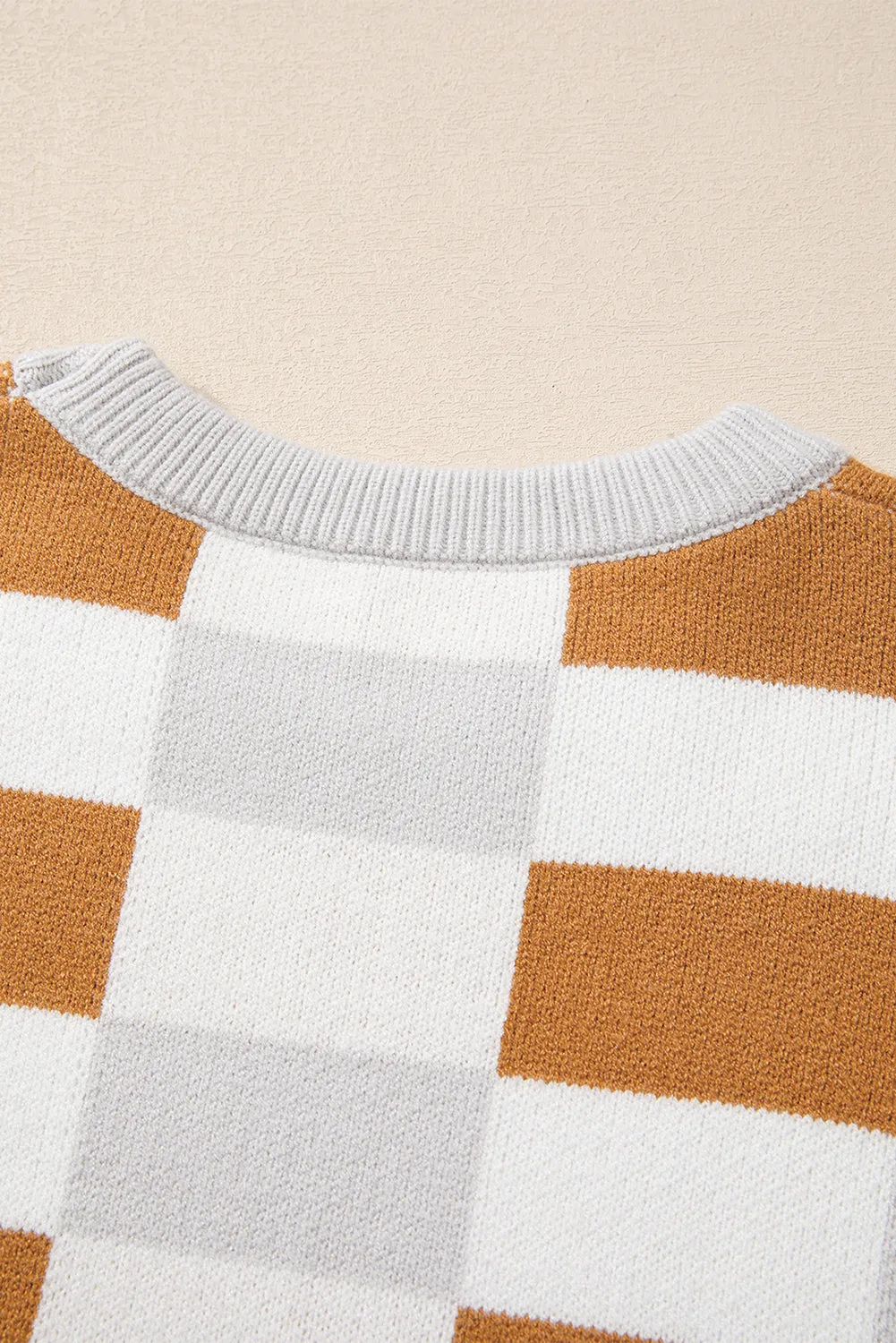 KaleaBoutique Checkered Ribbed Edge O Neck Drop Shoulder Sweater
