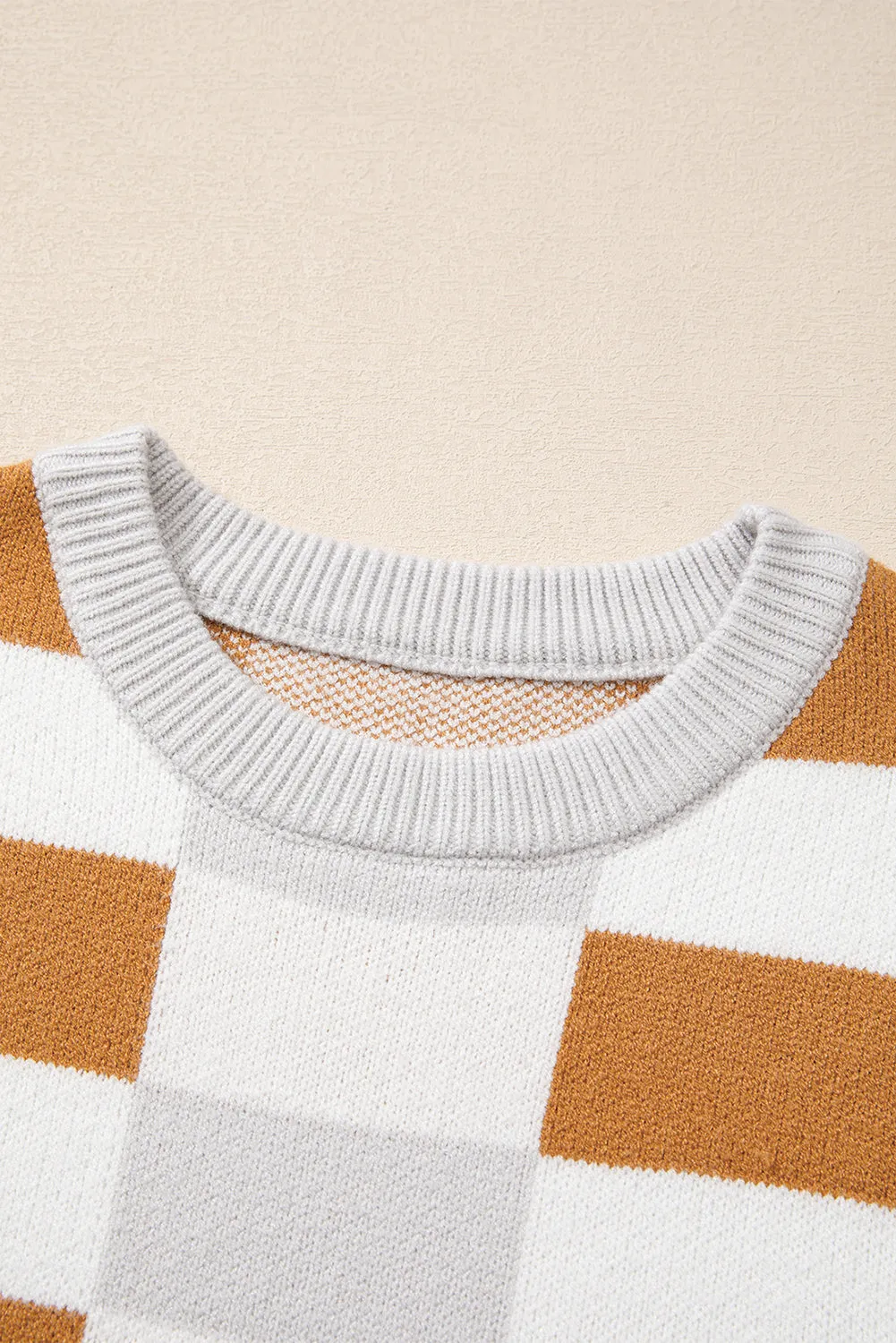 KaleaBoutique Checkered Ribbed Edge O Neck Drop Shoulder Sweater