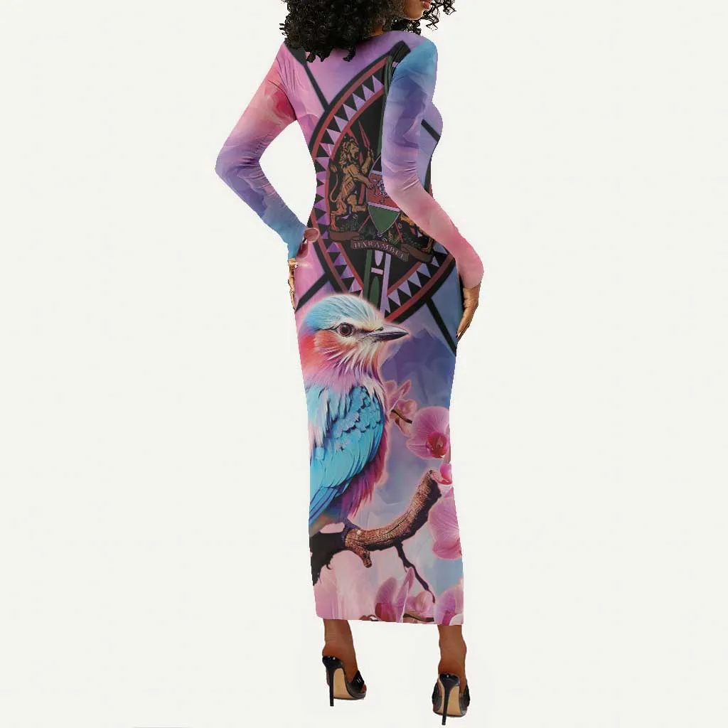 Kenya Lilac-Breasted Roller Long Sleeve Bodycon Dress Coat Of Arms Mix Orchid LT14