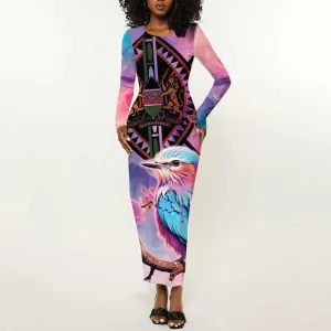 Kenya Lilac-Breasted Roller Long Sleeve Bodycon Dress Coat Of Arms Mix Orchid LT14