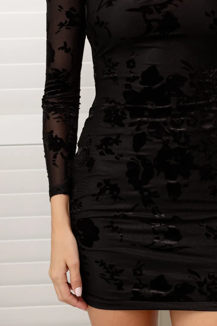 KENYA LONG SLEEVE MINI DRESS - Black Floral