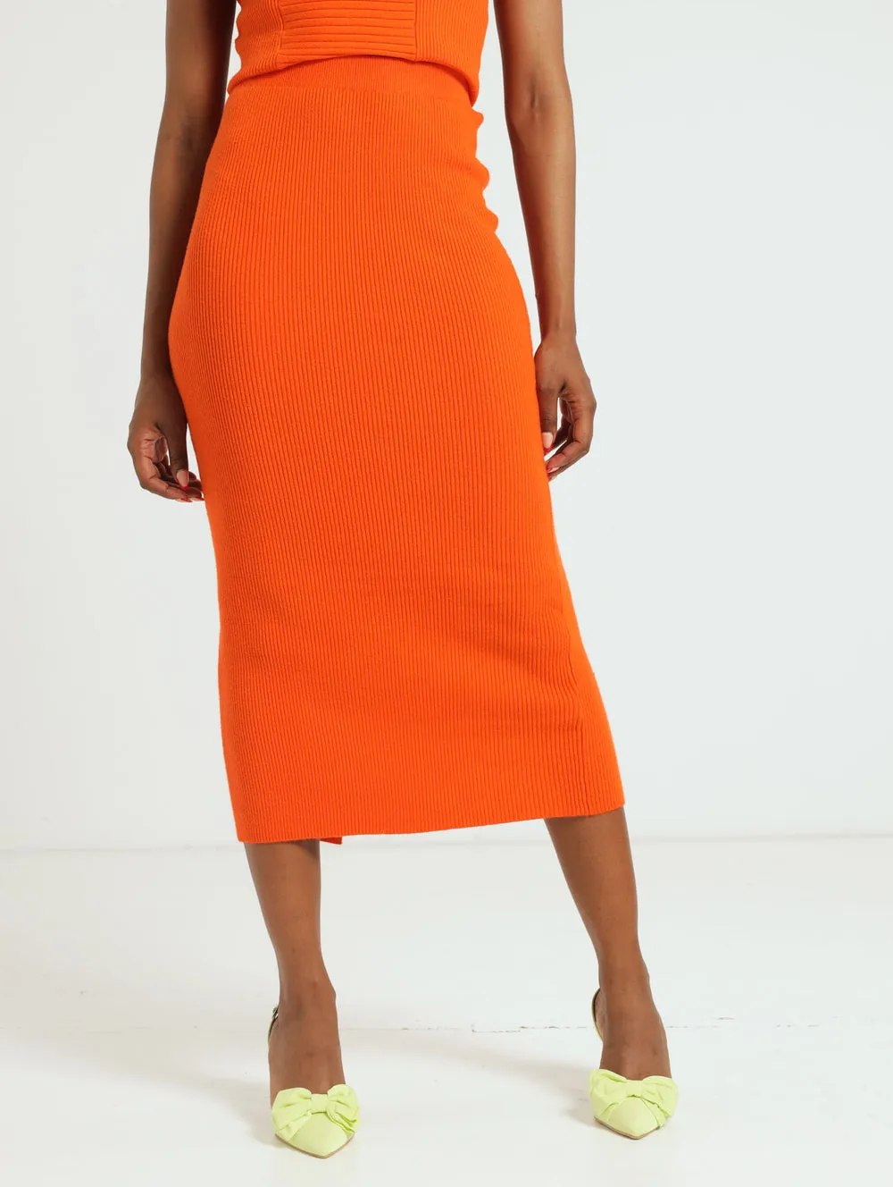 Knitwear Slit Back Pencil Skirt - Orange