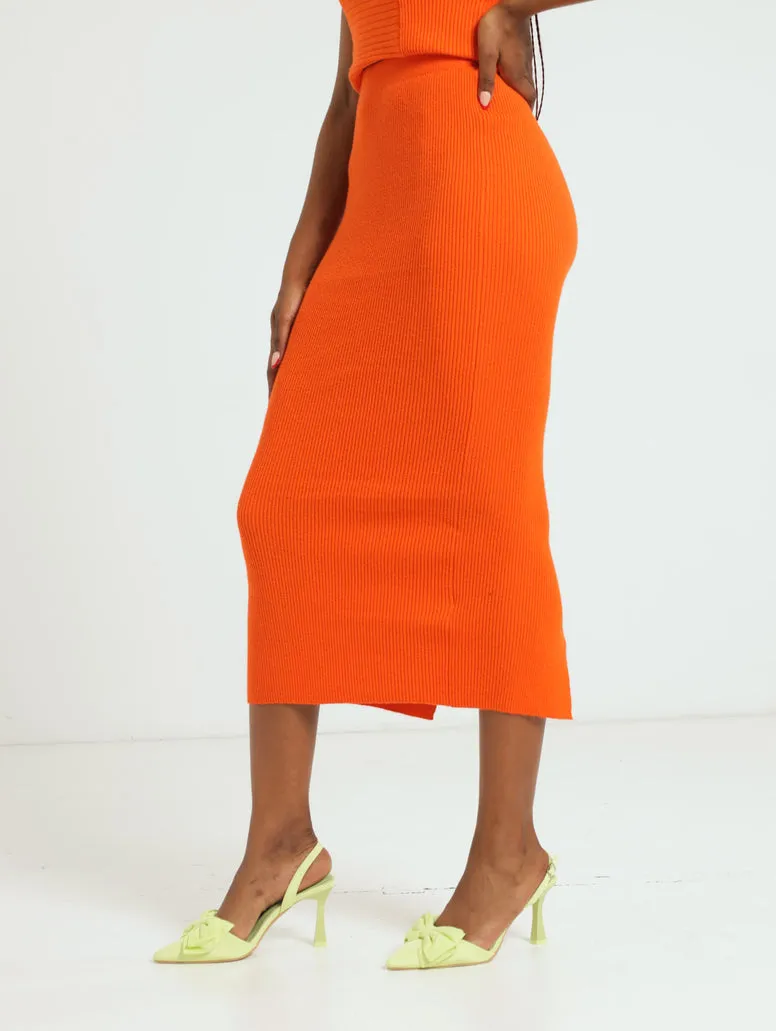 Knitwear Slit Back Pencil Skirt - Orange