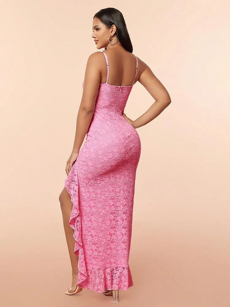 Lace Ruffled Skirt Backless Suspender Long Dress