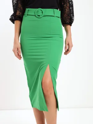 Ladies Belted Pencil Midi Skirt With Slit - Green