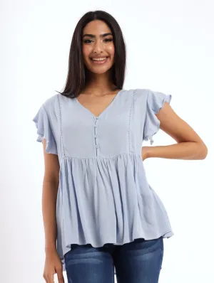 Ladies Button Front Lace Inset Flutter Sleeve Blouse  Light Blue