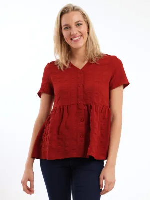 Ladies Button Through Peplum Flutter Sleeve Blouse - Peach Blossom