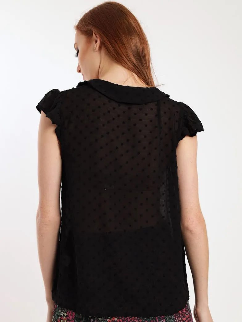 Ladies Lace Inset Flutter Sleeve Top - Black