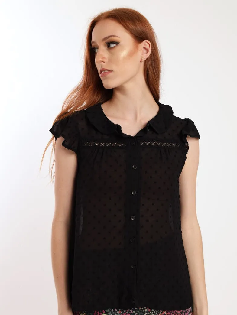 Ladies Lace Inset Flutter Sleeve Top - Black