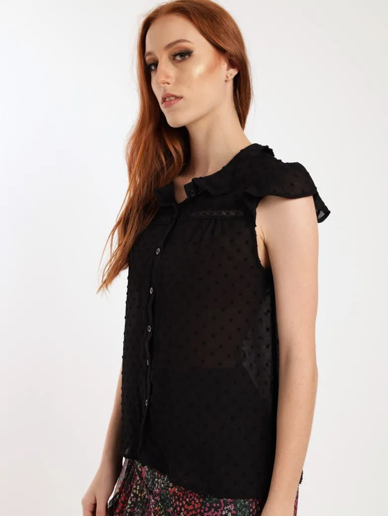 Ladies Lace Inset Flutter Sleeve Top - Black