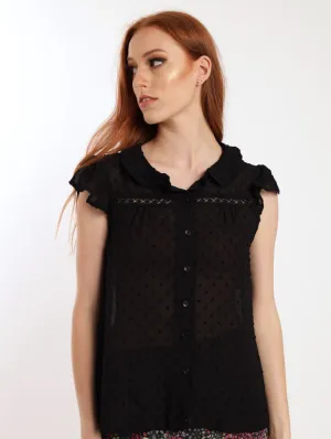 Ladies Lace Inset Flutter Sleeve Top - Black