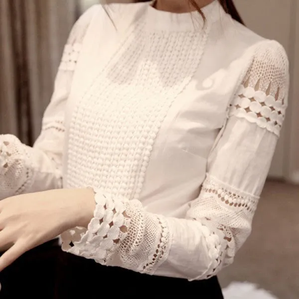 Ladies White Women's Long Sleeve Lace Crochet Tops Blouses Women Clothing Blouse