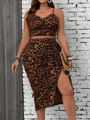 Leopard Print Camisole Top and Slit Hem Skirt 2-Piece Set