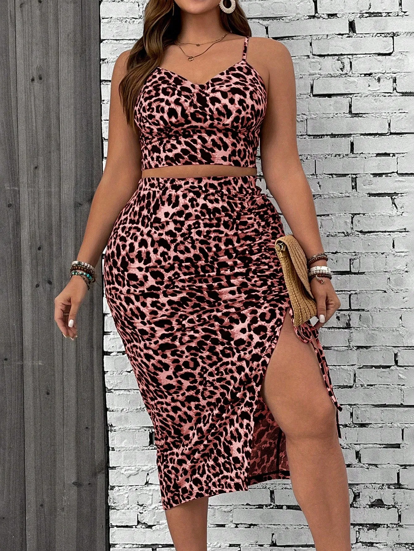 Leopard Print Camisole Top and Slit Hem Skirt 2-Piece Set