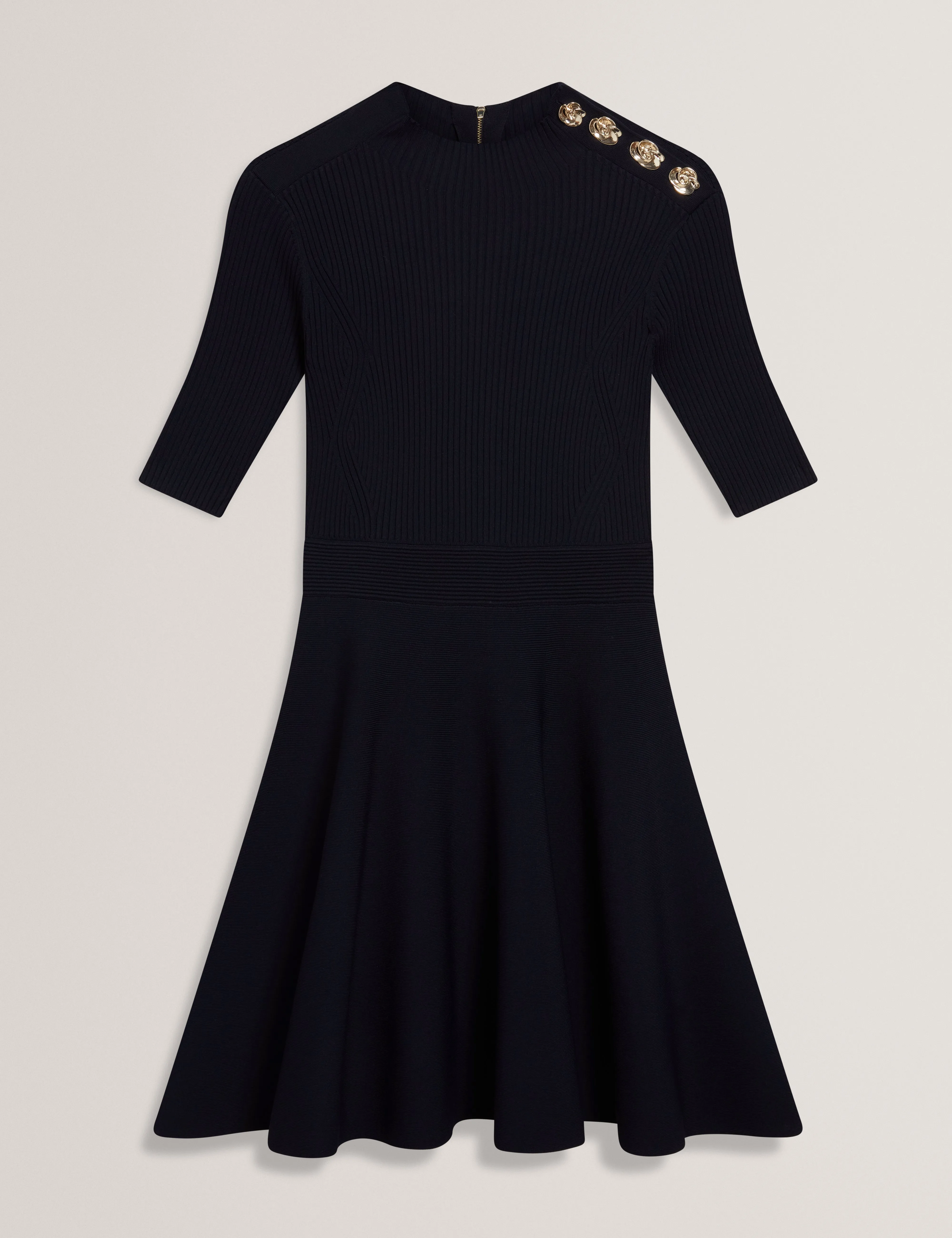 Lilano Ribbed Knit Button Detail Skater Dress Navy