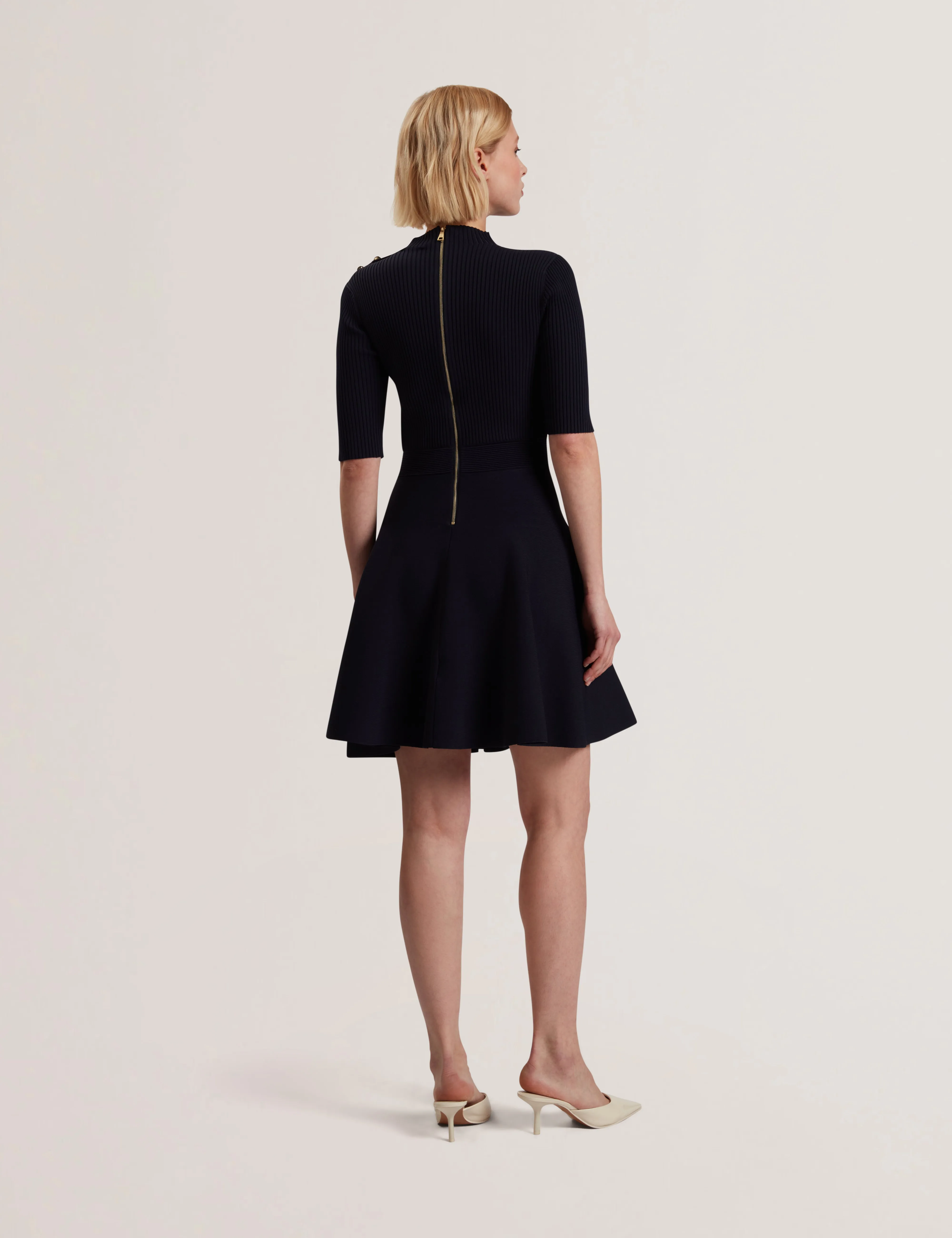 Lilano Ribbed Knit Button Detail Skater Dress Navy