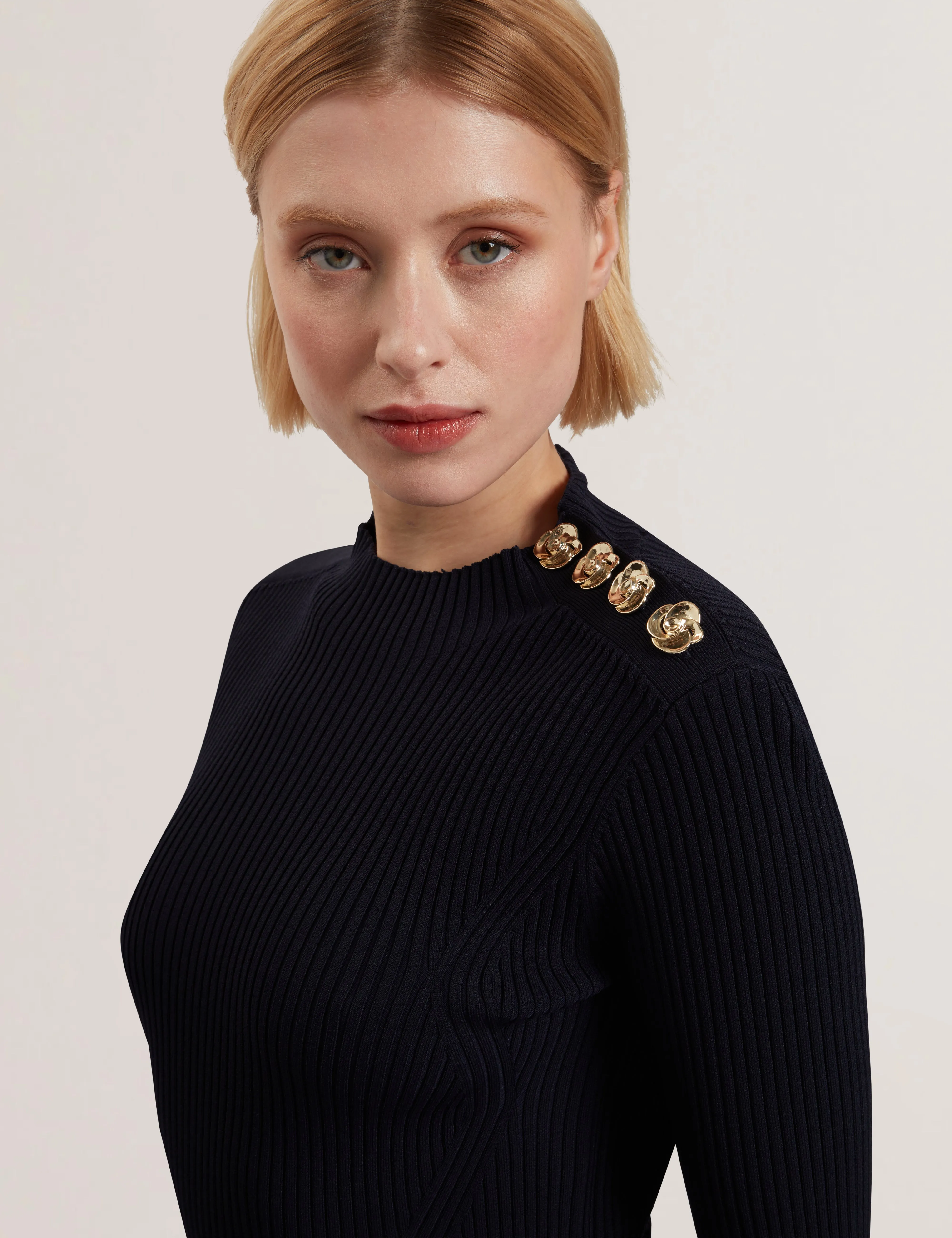 Lilano Ribbed Knit Button Detail Skater Dress Navy