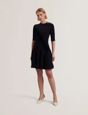 Lilano Ribbed Knit Button Detail Skater Dress Navy