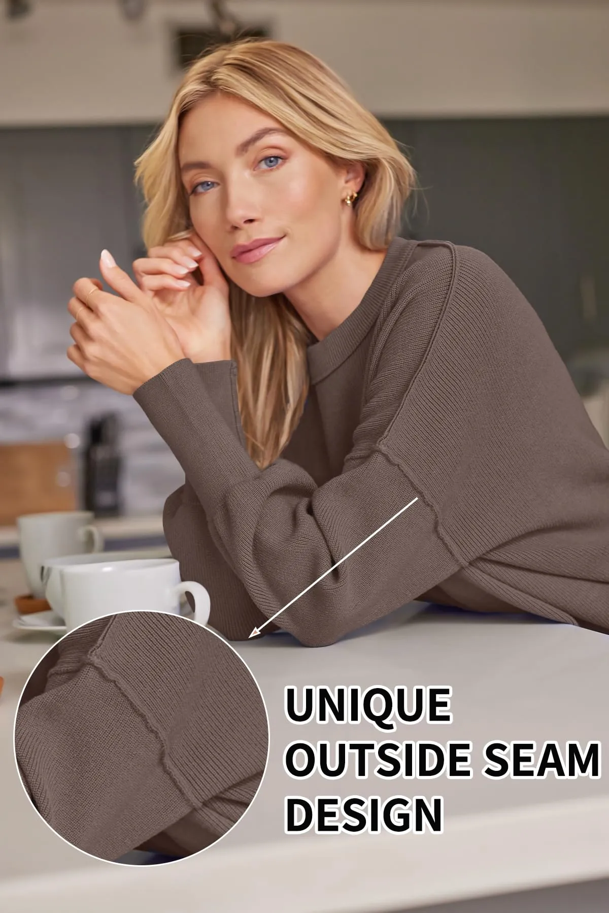 LILLUSORY Women's Oversized Batwing Sweaters 2024 Fall Outfits Crewneck Ribbed Knit Side Slit Trendy Pullover Tops Nutmeg