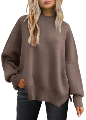 LILLUSORY Women's Oversized Batwing Sweaters 2024 Fall Outfits Crewneck Ribbed Knit Side Slit Trendy Pullover Tops Nutmeg