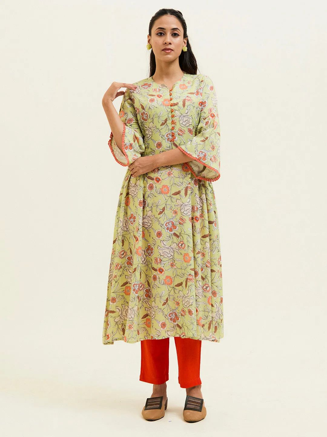 Lime Green Floral Flared Kurta