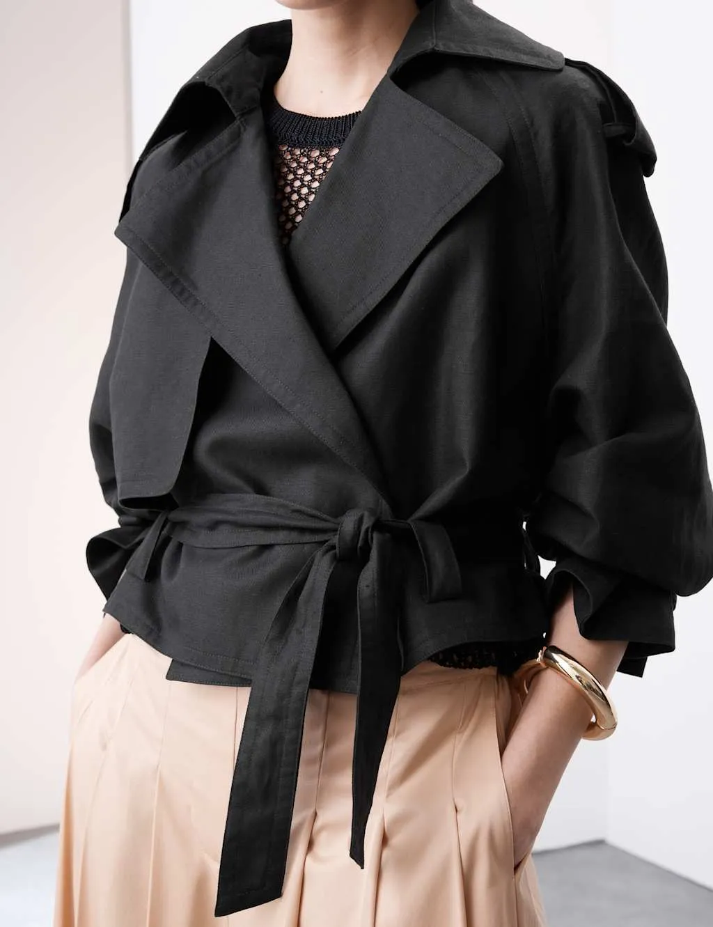 Linen Blend Cropped Trench Coat