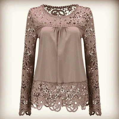 Long Sleeve Chiffon Shirt Women Blouses Plus Size Women Clothing Lace Splice Lace Blouse Women Casual Tops