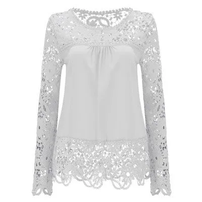 Long Sleeve Chiffon Shirt Women Blouses Plus Size Women Clothing Lace Splice Lace Blouse Women Casual Tops