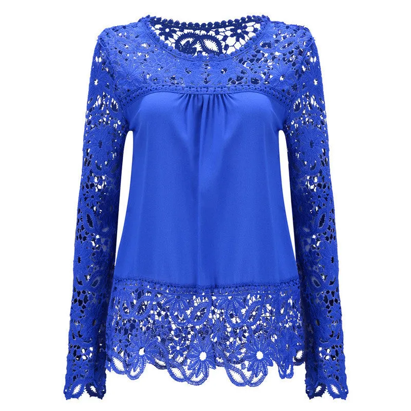 Long Sleeve Chiffon Shirt Women Blouses Plus Size Women Clothing Lace Splice Lace Blouse Women Casual Tops