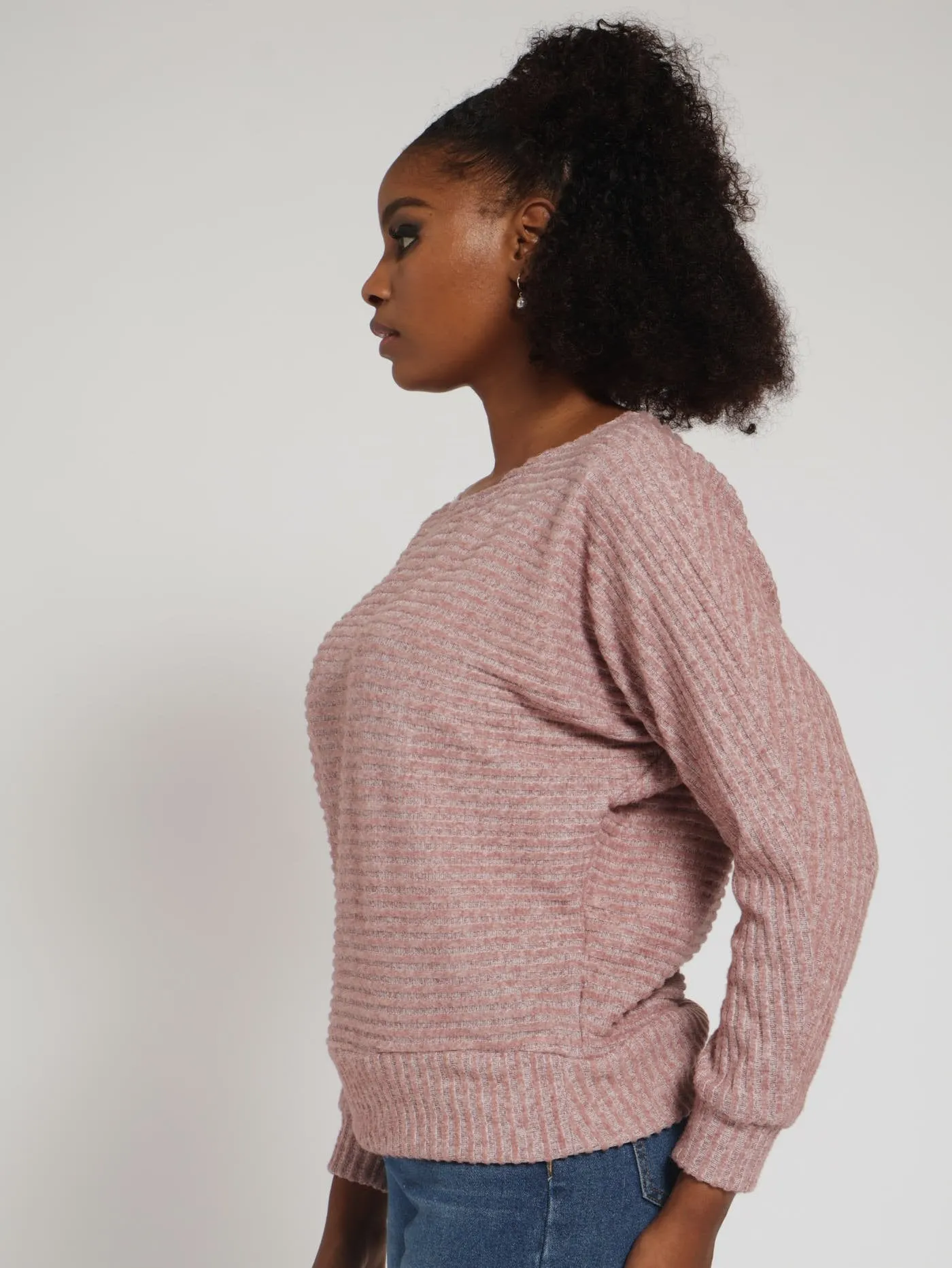 Long Sleeve Dolman Ribbed Top - Dusty Pink