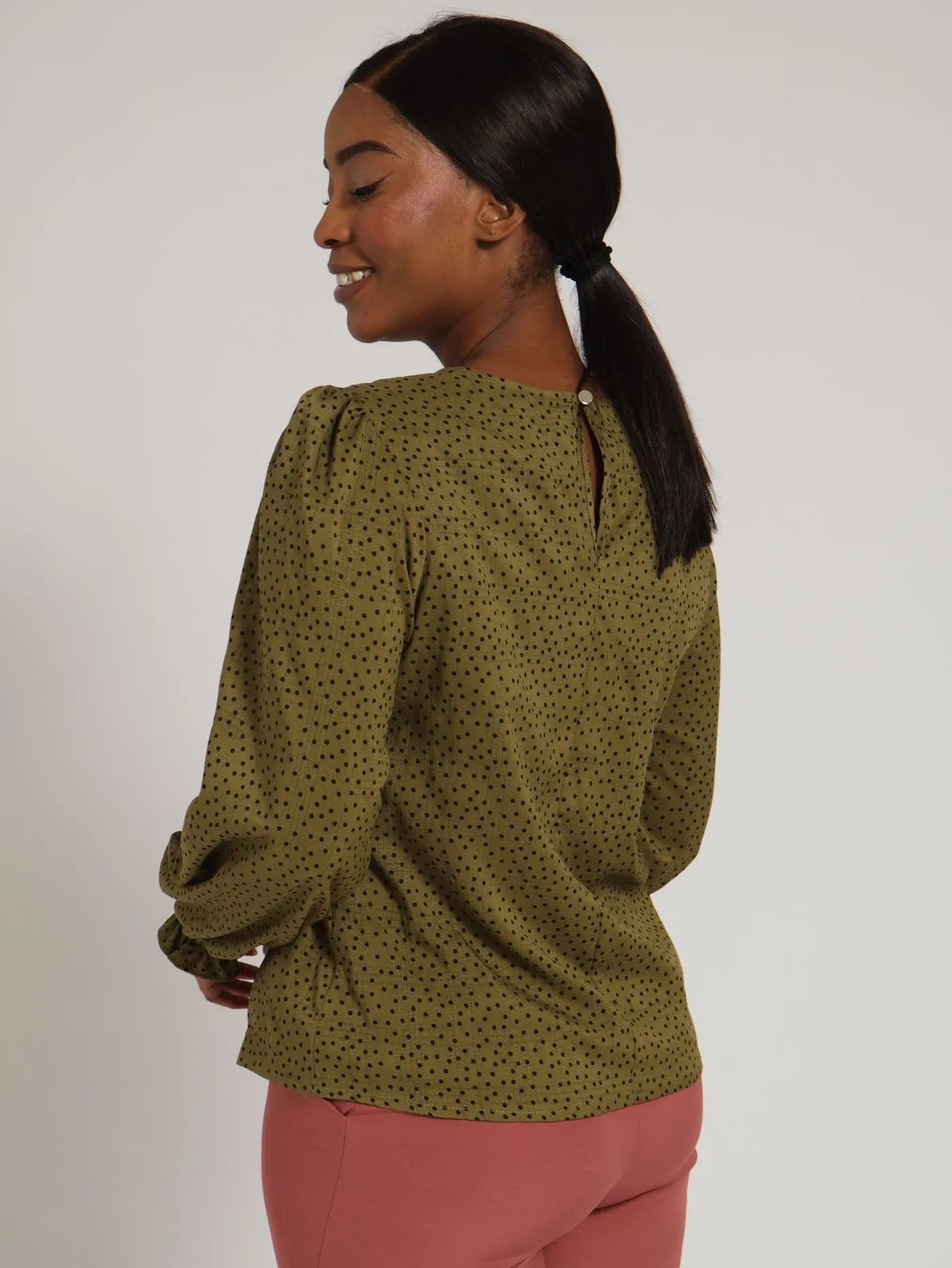 Long Sleeve Puff Sleeve Blouse - Olive