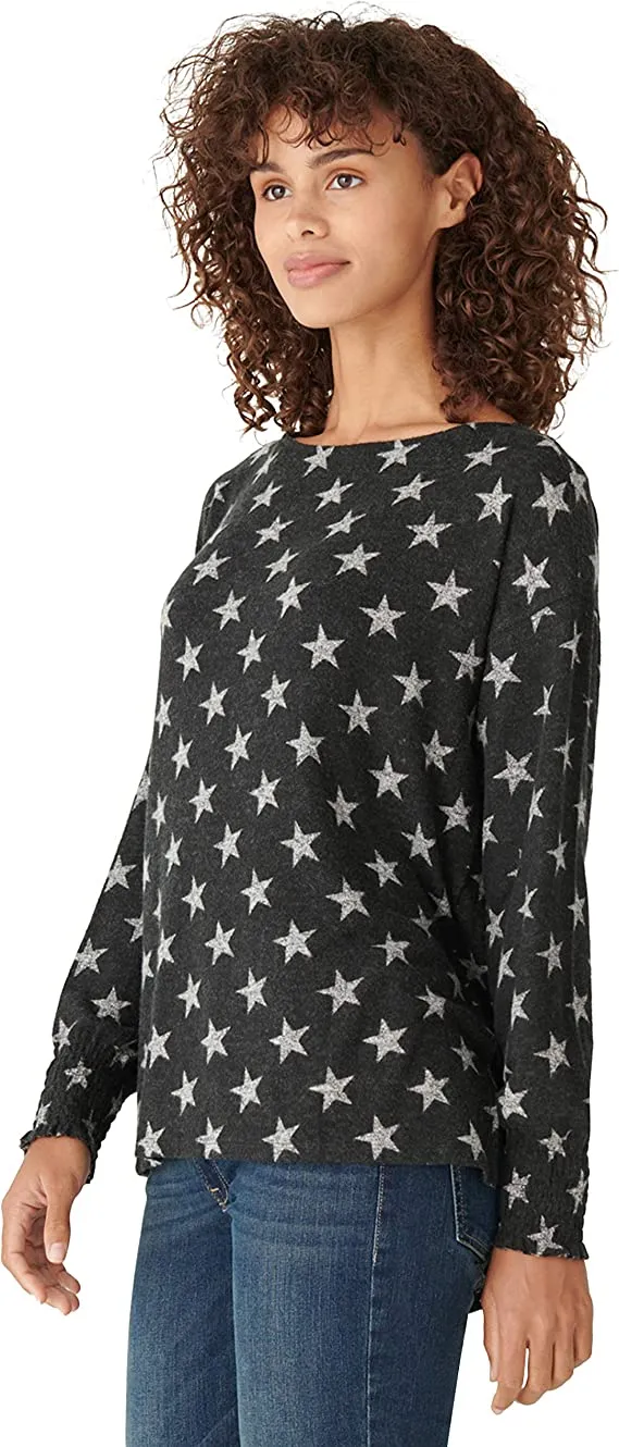 Lucky Brand Women's Long Sleeve Round Neck Printed Tunic Sweater, Black Multi, L