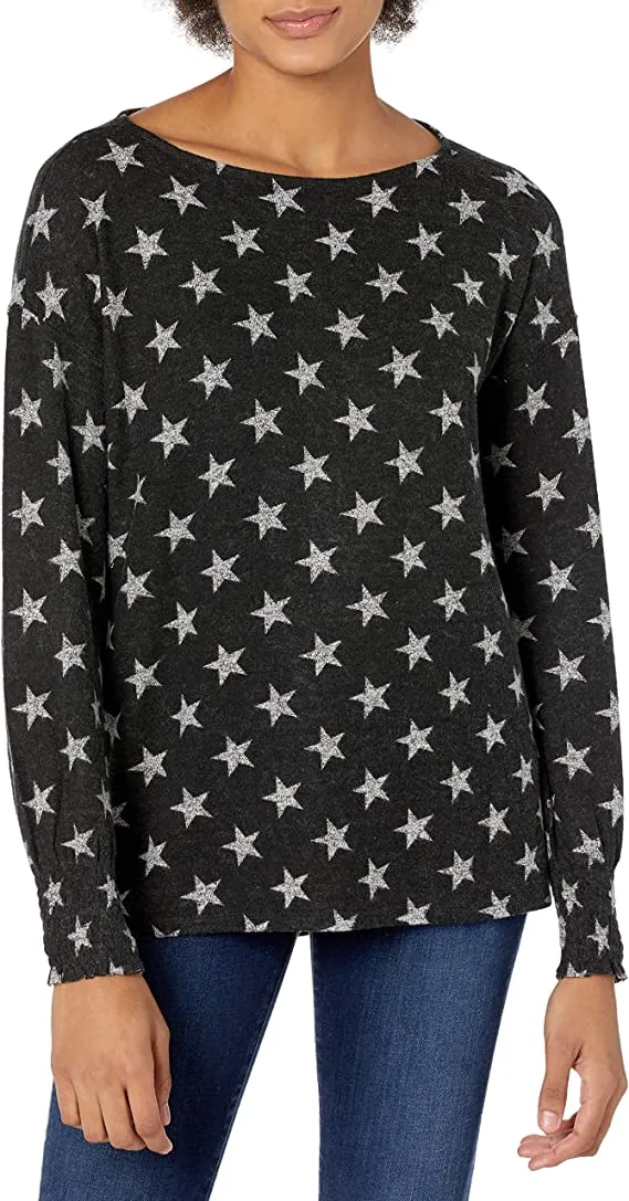 Lucky Brand Women's Long Sleeve Round Neck Printed Tunic Sweater, Black Multi, L