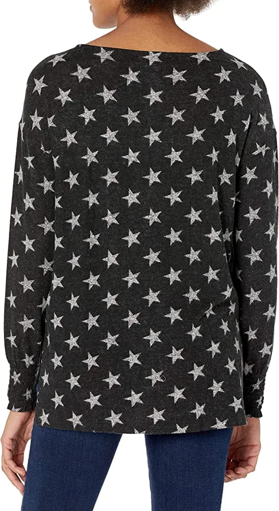 Lucky Brand Women's Long Sleeve Round Neck Printed Tunic Sweater, Black Multi, L