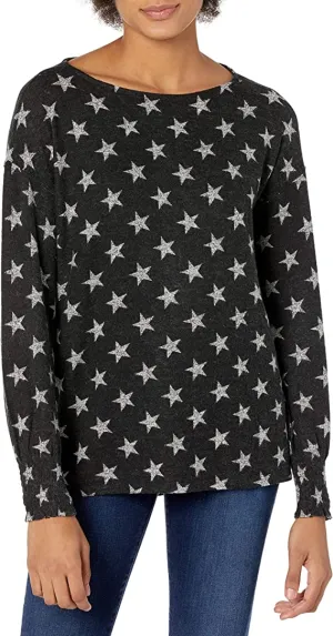 Lucky Brand Women's Long Sleeve Round Neck Printed Tunic Sweater, Black Multi, L