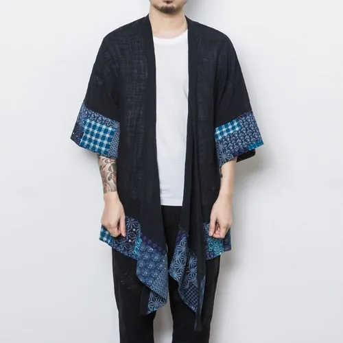 Male Fashion Casual Long Kimono Jacket Outerwear Overcoat Men Chinese Style Half Sleeve Trench Cardigan Coat
