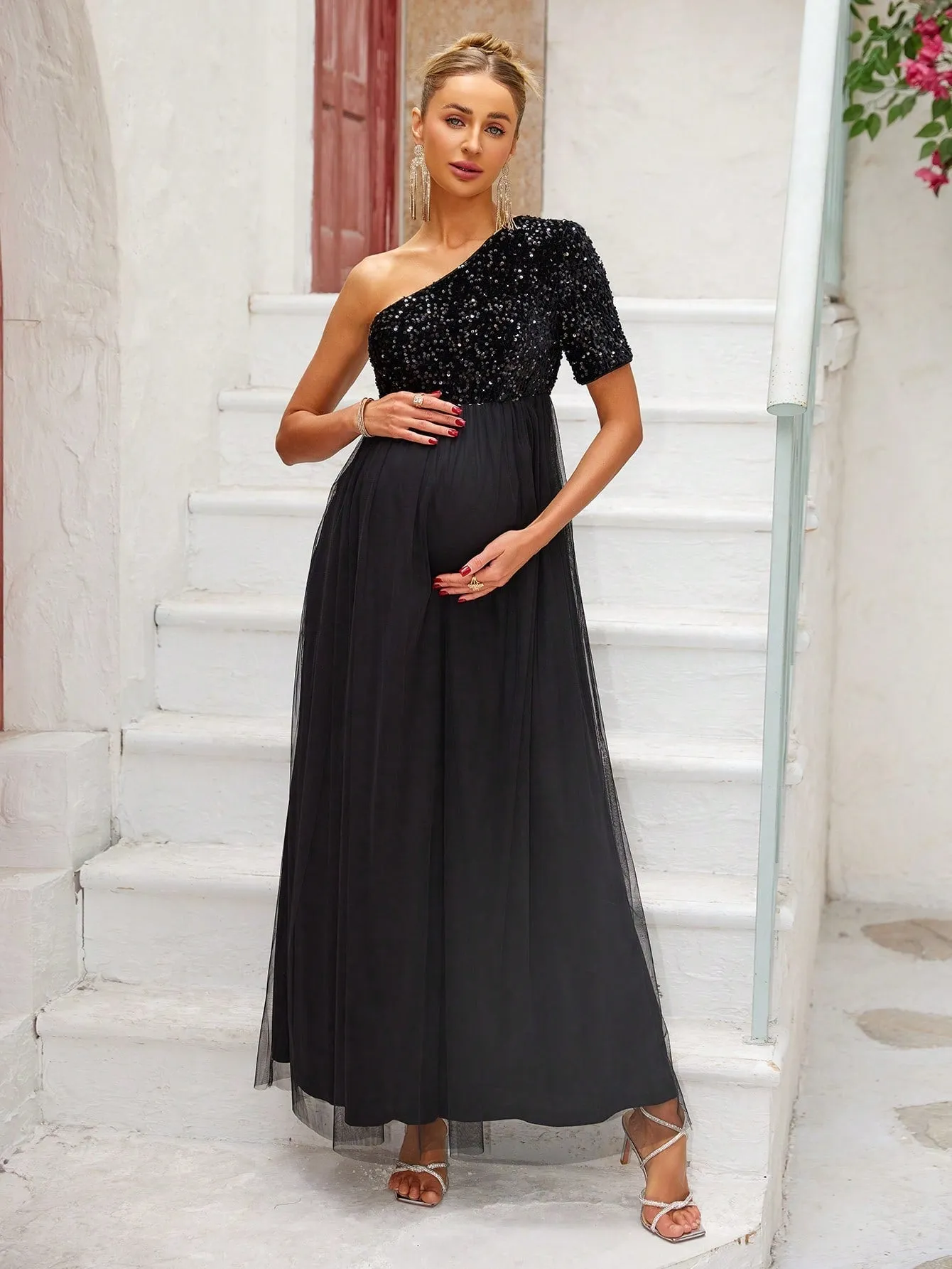 Maternity One Shoulder Glitter Mesh Patchwork Dress