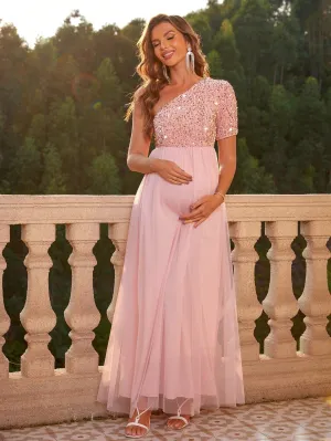 Maternity One Shoulder Glitter Mesh Patchwork Dress