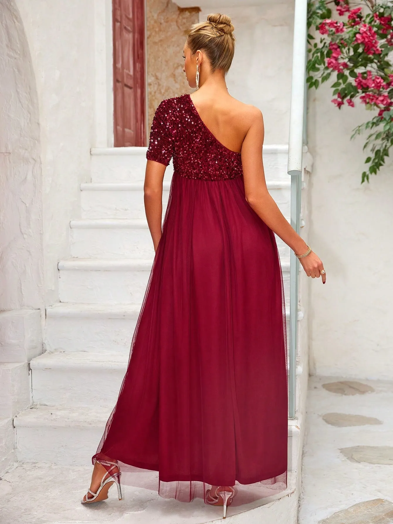Maternity One Shoulder Glitter Mesh Patchwork Dress