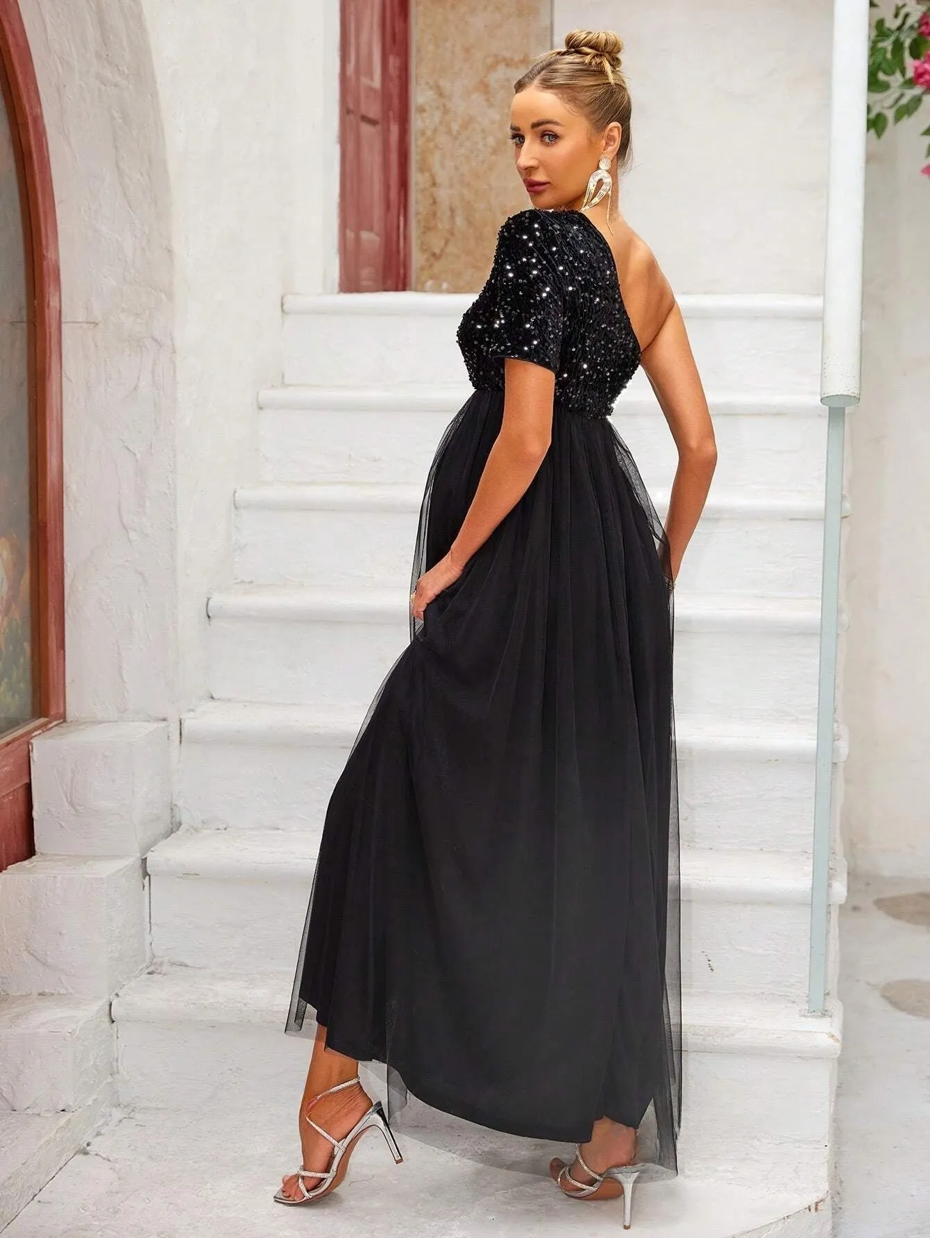 Maternity One Shoulder Glitter Mesh Patchwork Dress