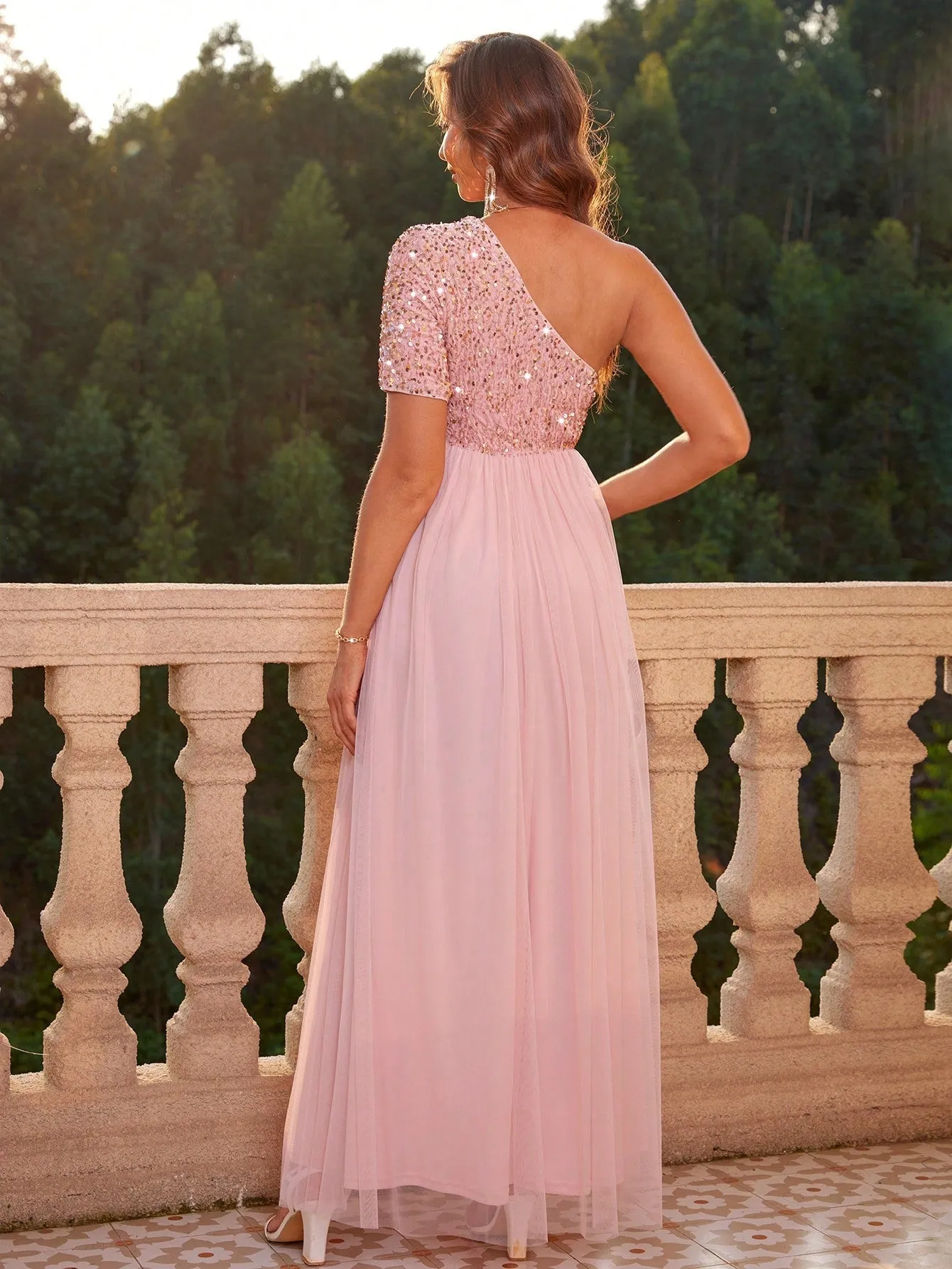 Maternity One Shoulder Glitter Mesh Patchwork Dress