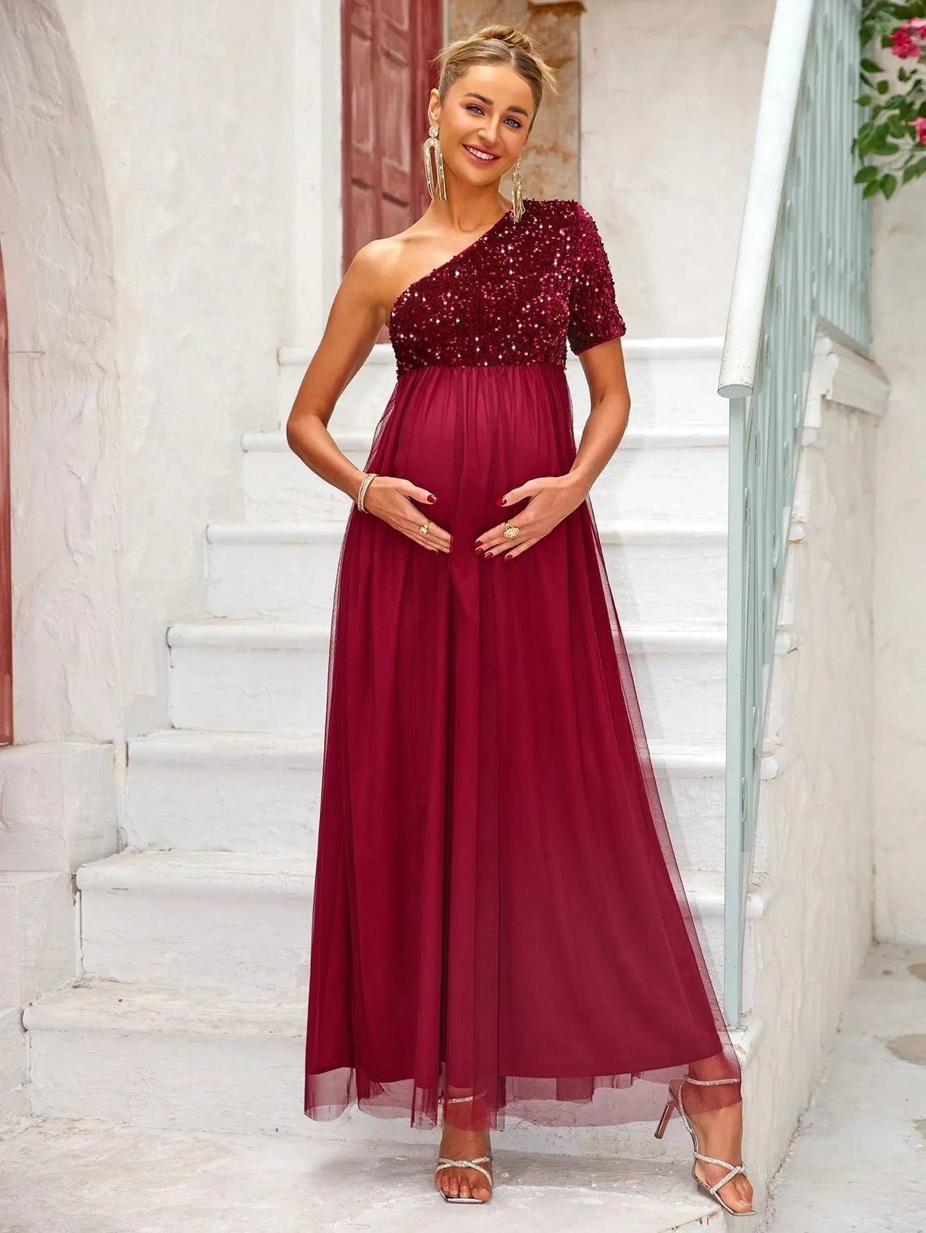 Maternity One Shoulder Glitter Mesh Patchwork Dress