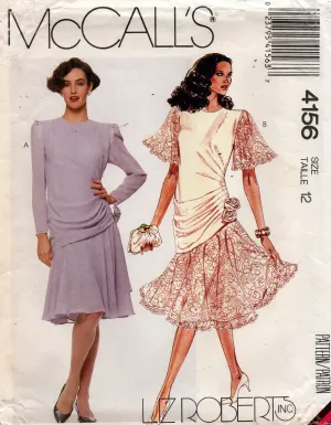 McCall's 4156 LIZ ROBERTS Womens  Asymmetric Side Draped Dress 1980s Vintage Sewing Pattern Size 12 Bust 34 inches