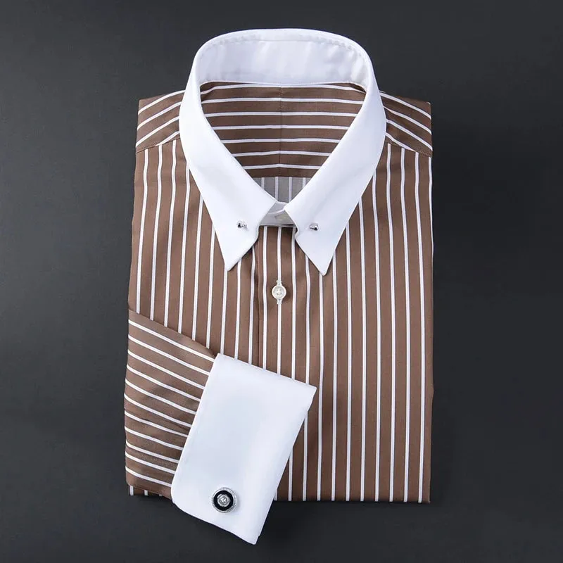 men's empire collar long sleeve French shirt slim-fit business trend  striped shirt men