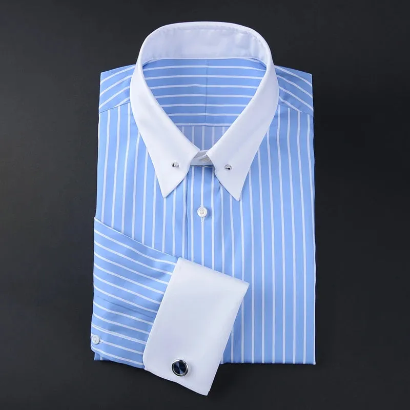 men's empire collar long sleeve French shirt slim-fit business trend  striped shirt men
