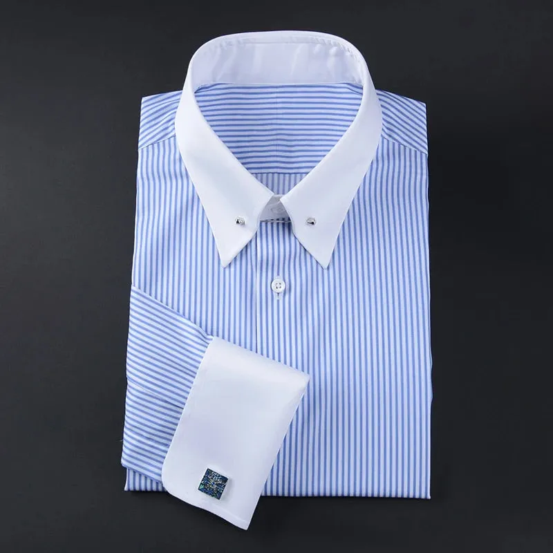 men's empire collar long sleeve French shirt slim-fit business trend  striped shirt men